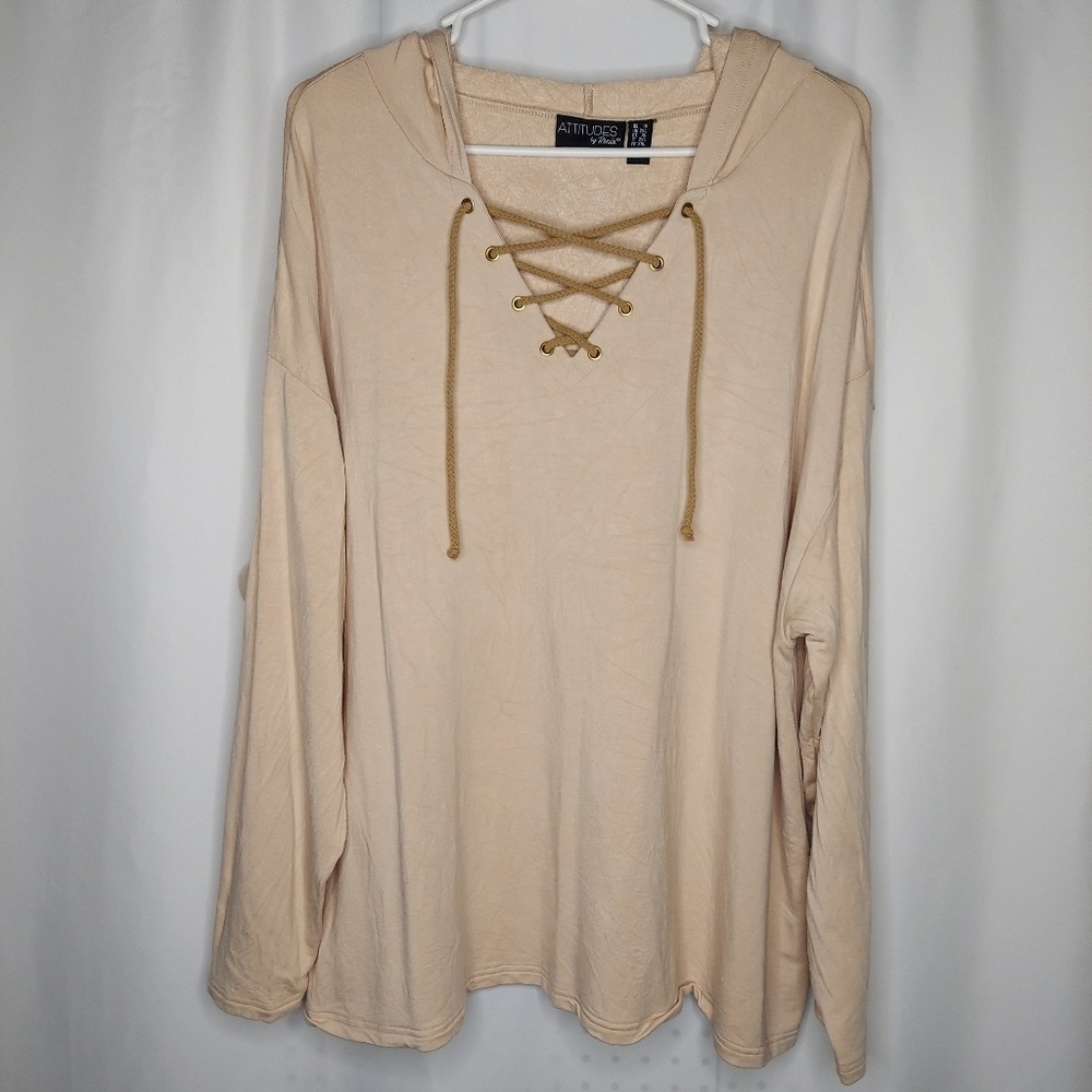 Attitudes Hoodie Lace-Up Tie V-Neck Top Women 1X Beige Fleece Long Sleeve